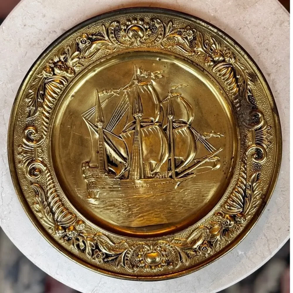 Vintage Brass Wall Plate Embossed Sailing Ship Galleon Charger 14.5